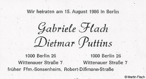 Unsere Tochter Gabriele Flach heiratet ihren Dietmar am 15.08.1986